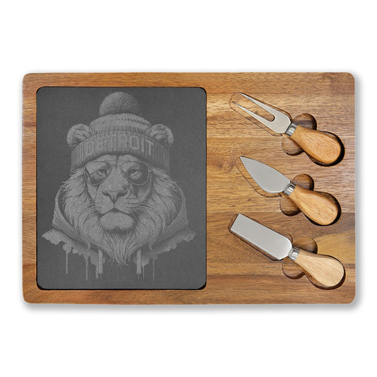 Lion Winter Engraved Charcuterie Board with Slate Inset & 3 Cheese Knives