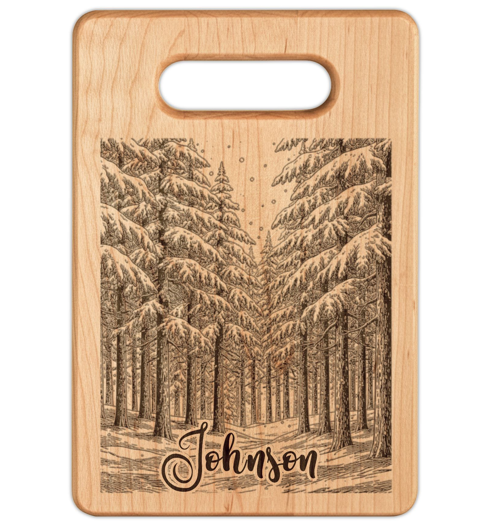 Winter Wonderland Forest Personalized Engraved Wooden Cutting Board Rectangle Handle
