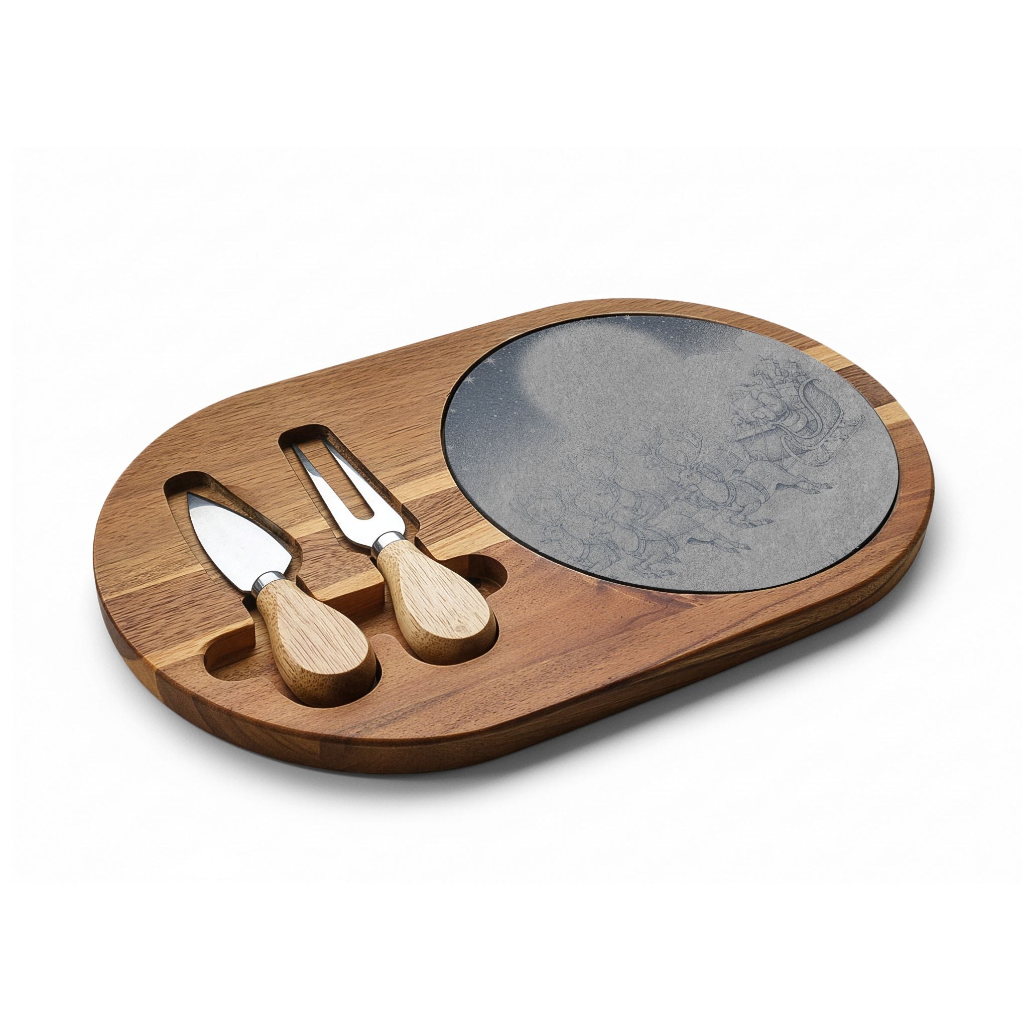 Santa Sleigh Flying Moon Engraved Charcuterie Board with Slate Insert & Cheese Knives