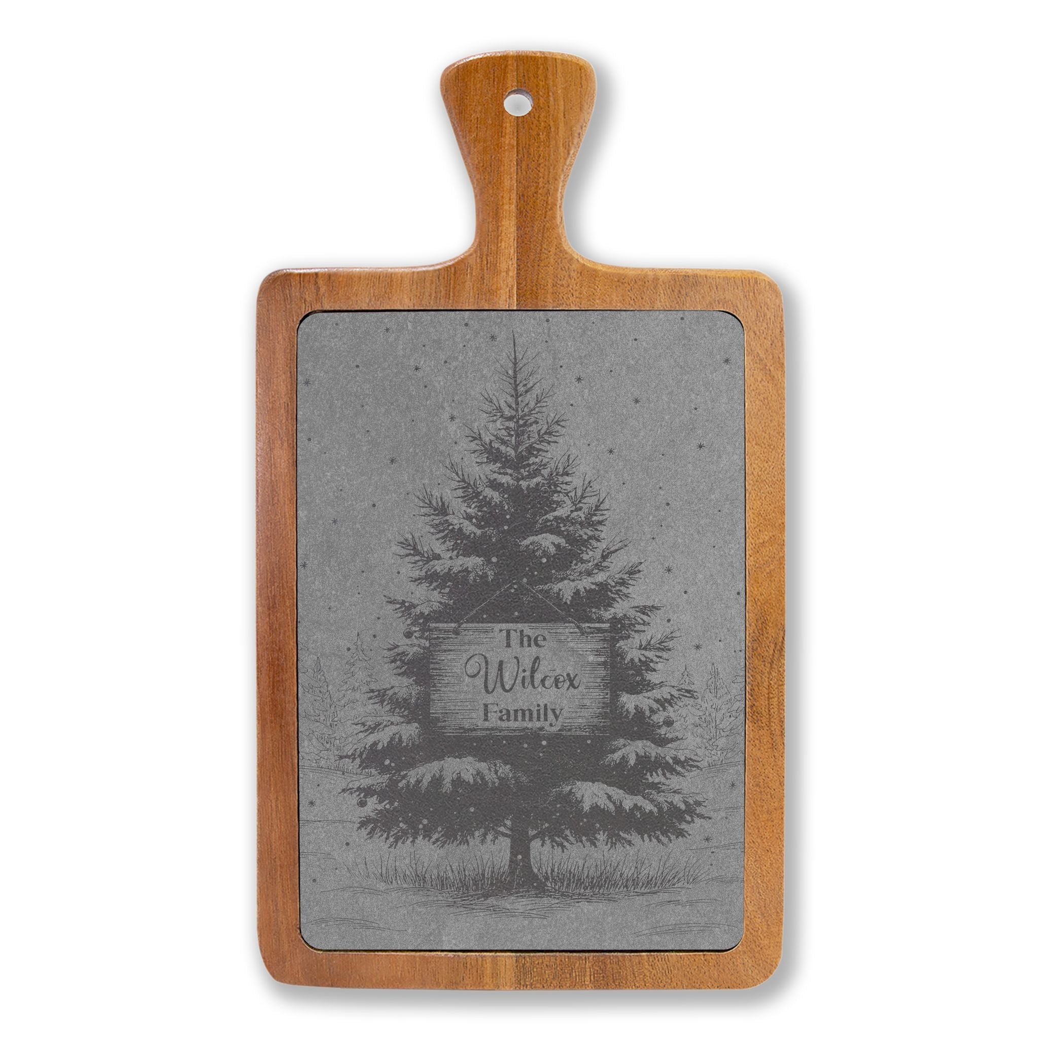 Christmas Tree with Wooden Sign Personalized Engraved Slate Charcuterie Board with Handle