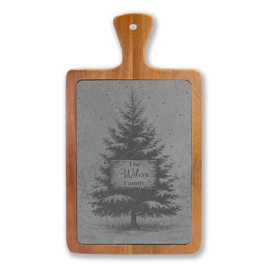 Christmas Tree with Wooden Sign Personalized Engraved Slate Charcuterie Board with Handle