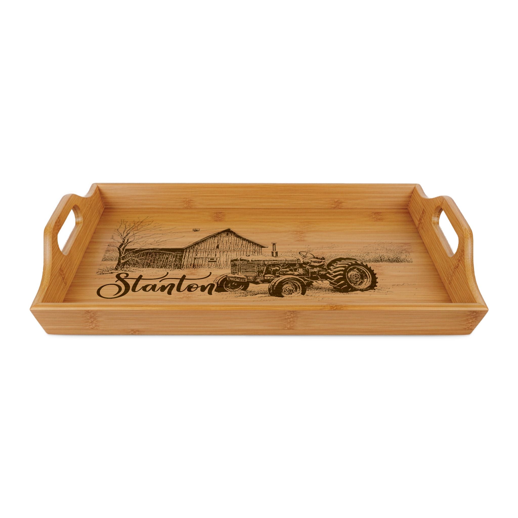 Tractor and Barn in Winter Personalized Engraved Bamboo Serving Tray