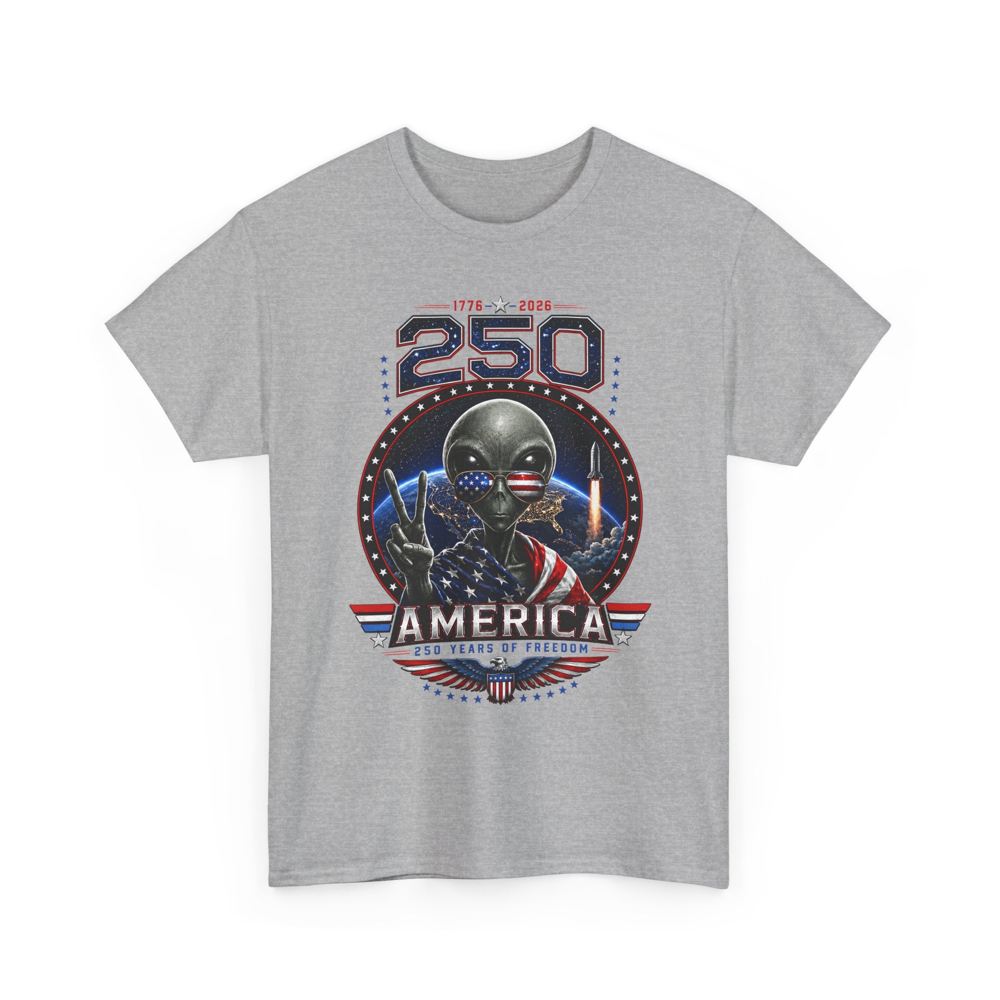 Alien Peace Sign USA 250 Anniversary Distressed Patriotic Basic T-Shirt - Unisex