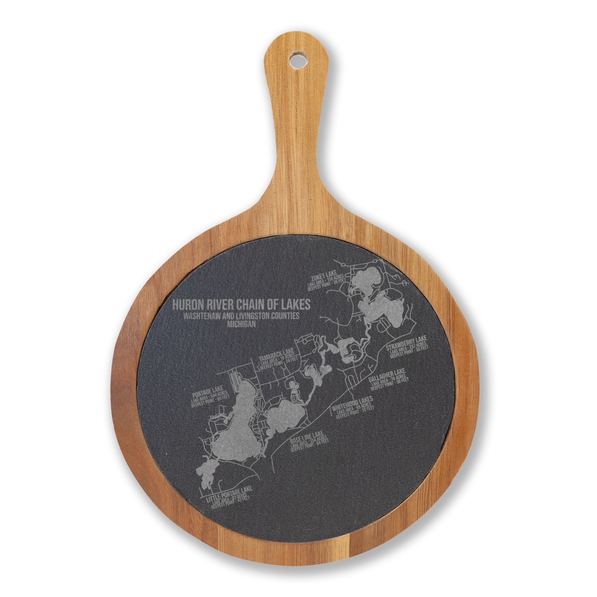 Huron River Chain of Lakes Engraved Round Charcuterie Board with Handle