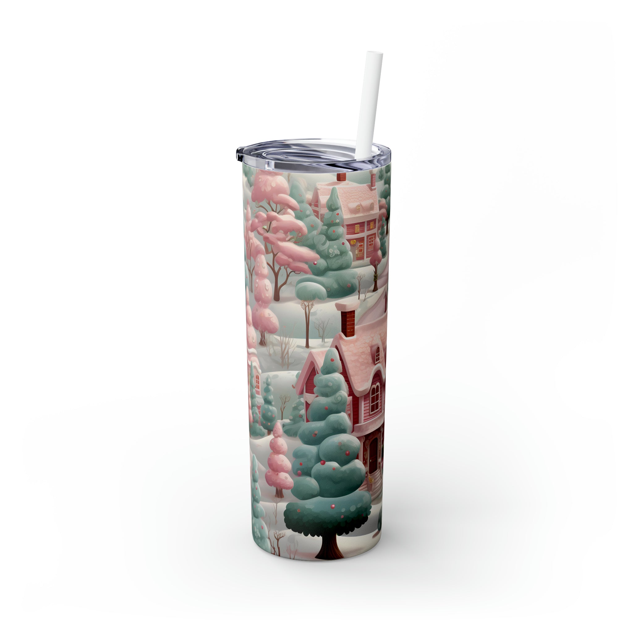 Pink Christmas Village Skinny Steel Tumbler with Straw, 20oz