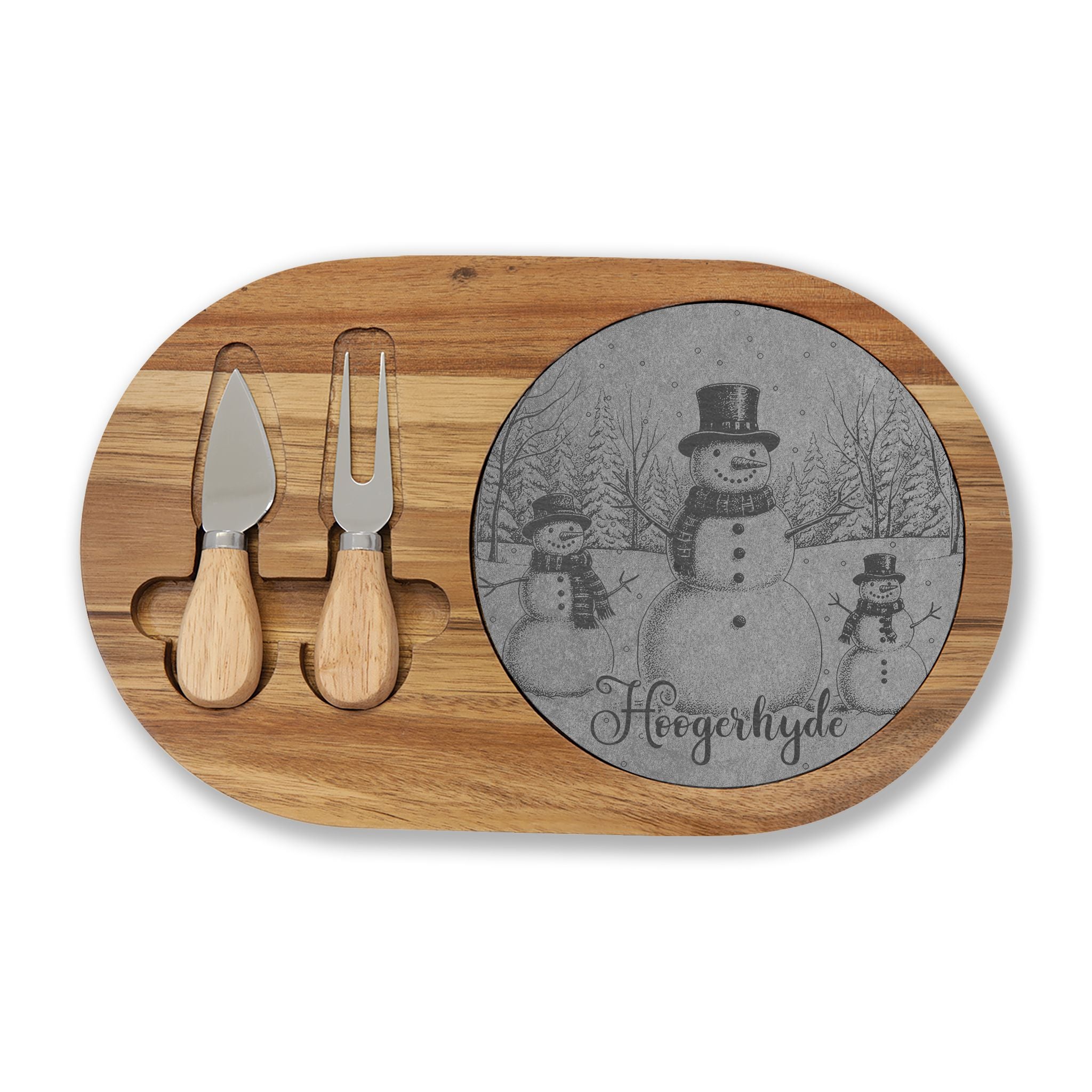 Snowman Trio in Forest Personalized Engraved Charcuterie Board with Slate Insert & Cheese Knives