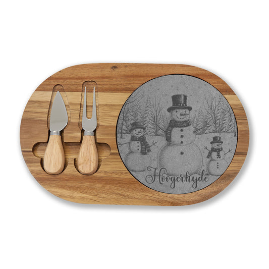 Snowman Trio in Forest Personalized Engraved Charcuterie Board with Slate Insert & Cheese Knives
