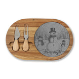 Snowman Trio in Forest Personalized Engraved Charcuterie Board with Slate Insert & Cheese Knives