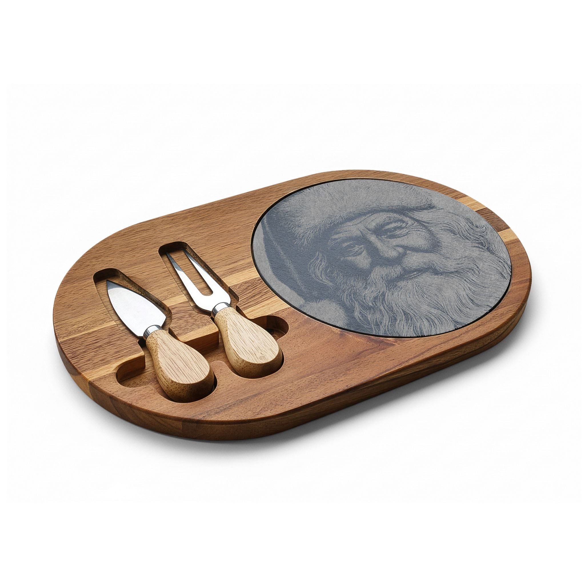 Santa Portrait Engraved Charcuterie Board with Slate Insert & Cheese Knives