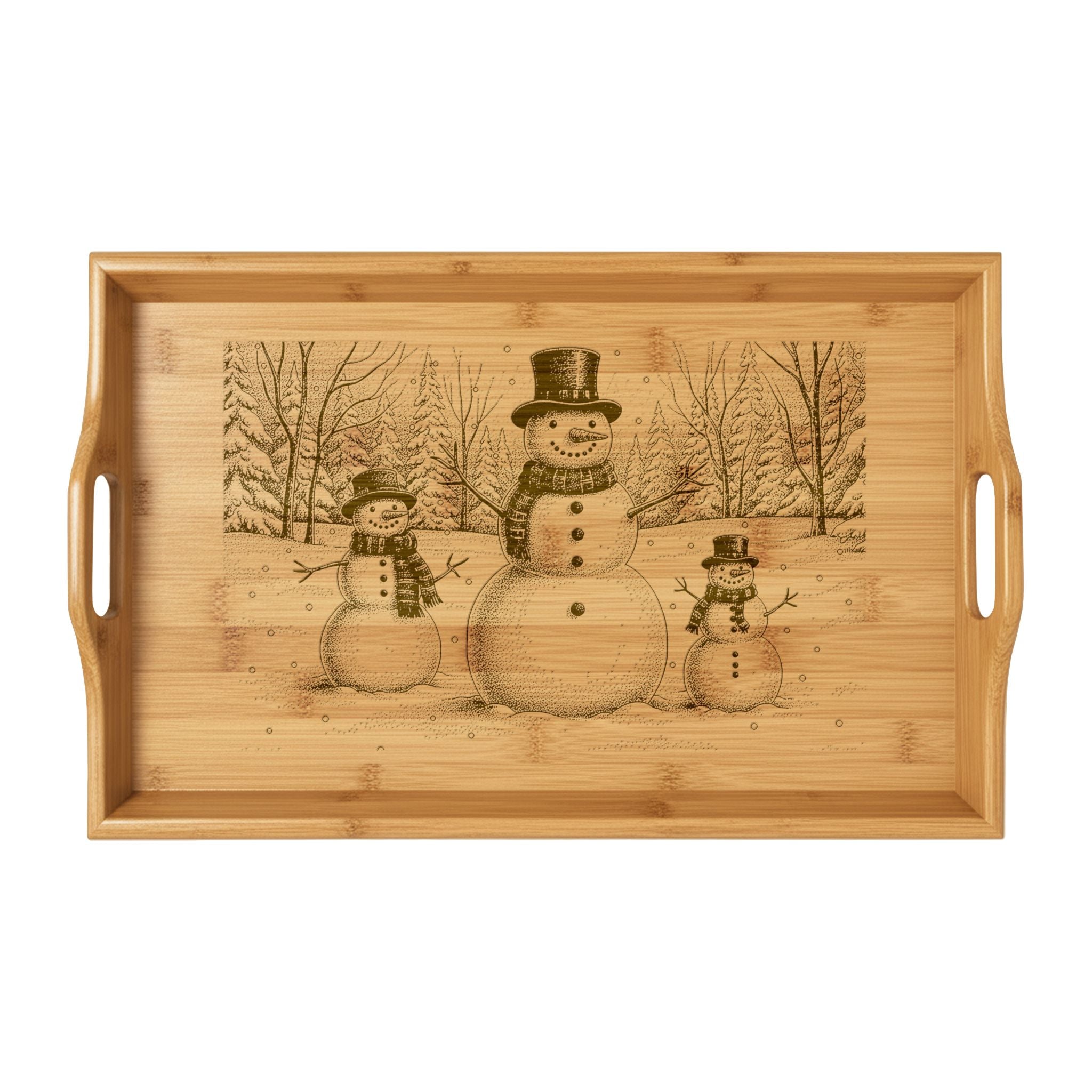 Snowman Trio in Forest Engraved Bamboo Serving Tray