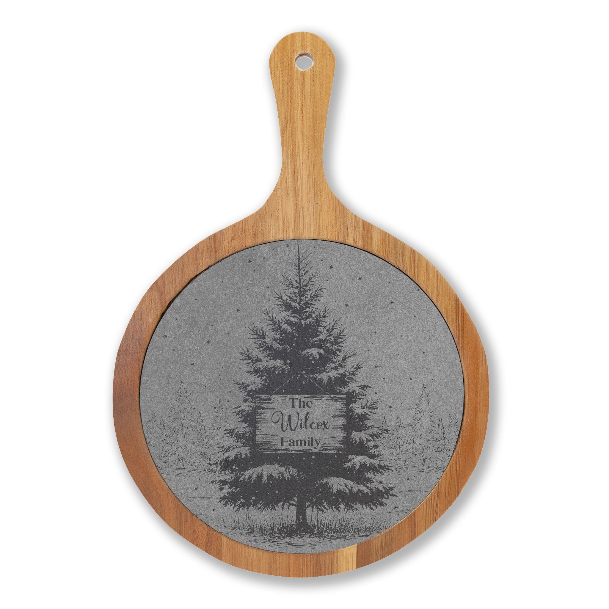 Christmas Tree with Wooden Sign Personalized Engraved Round Charcuterie Board with Handle
