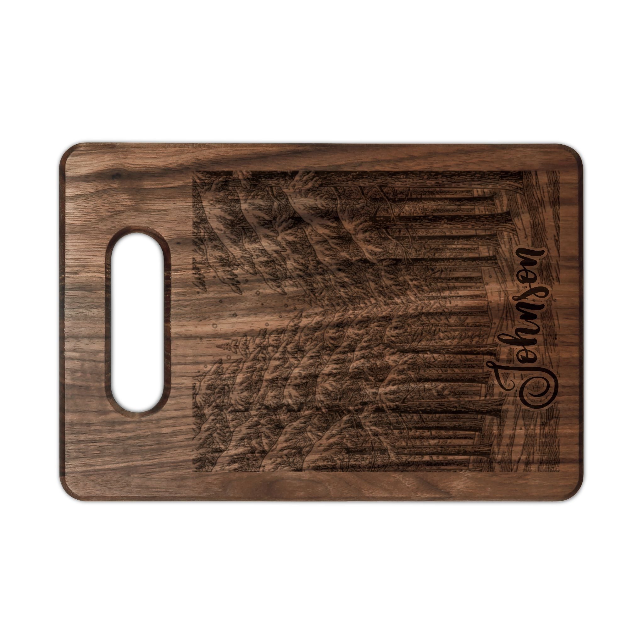 Winter Wonderland Forest Personalized Engraved Wooden Cutting Board Rectangle Handle
