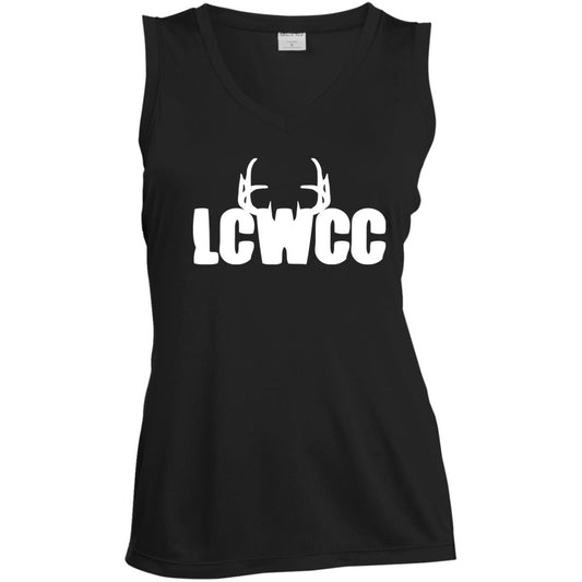 LCWCC Rack Logo - White LST352 Ladies' Sleeveless V-Neck Performance Tee