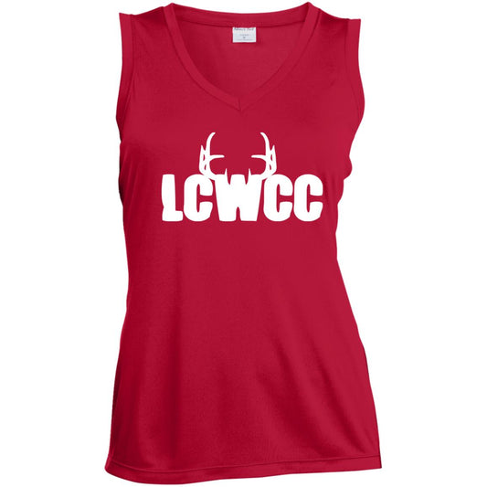 LCWCC Rack Logo - White LST352 Ladies' Sleeveless V-Neck Performance Tee