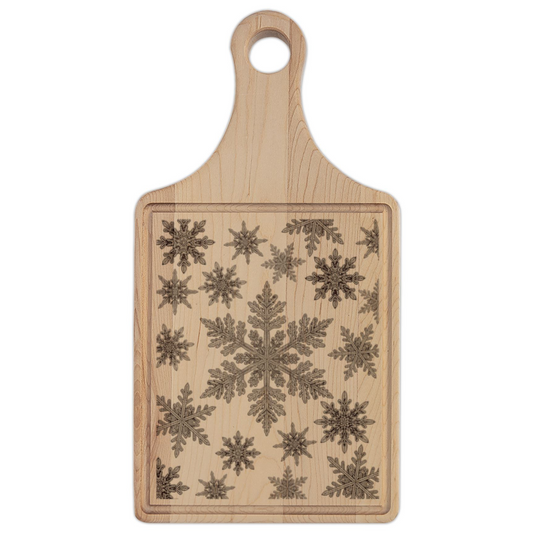 Snowflakes Engraved Wooden Cutting Board Paddle w Handle