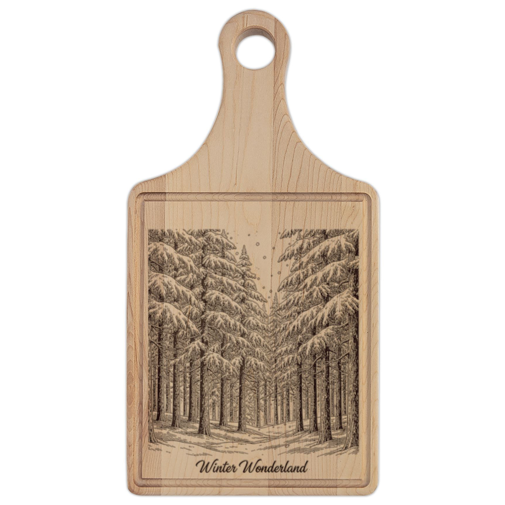 Winter Wonderland Forest Engraved Wooden Cutting Board Paddle w Handle