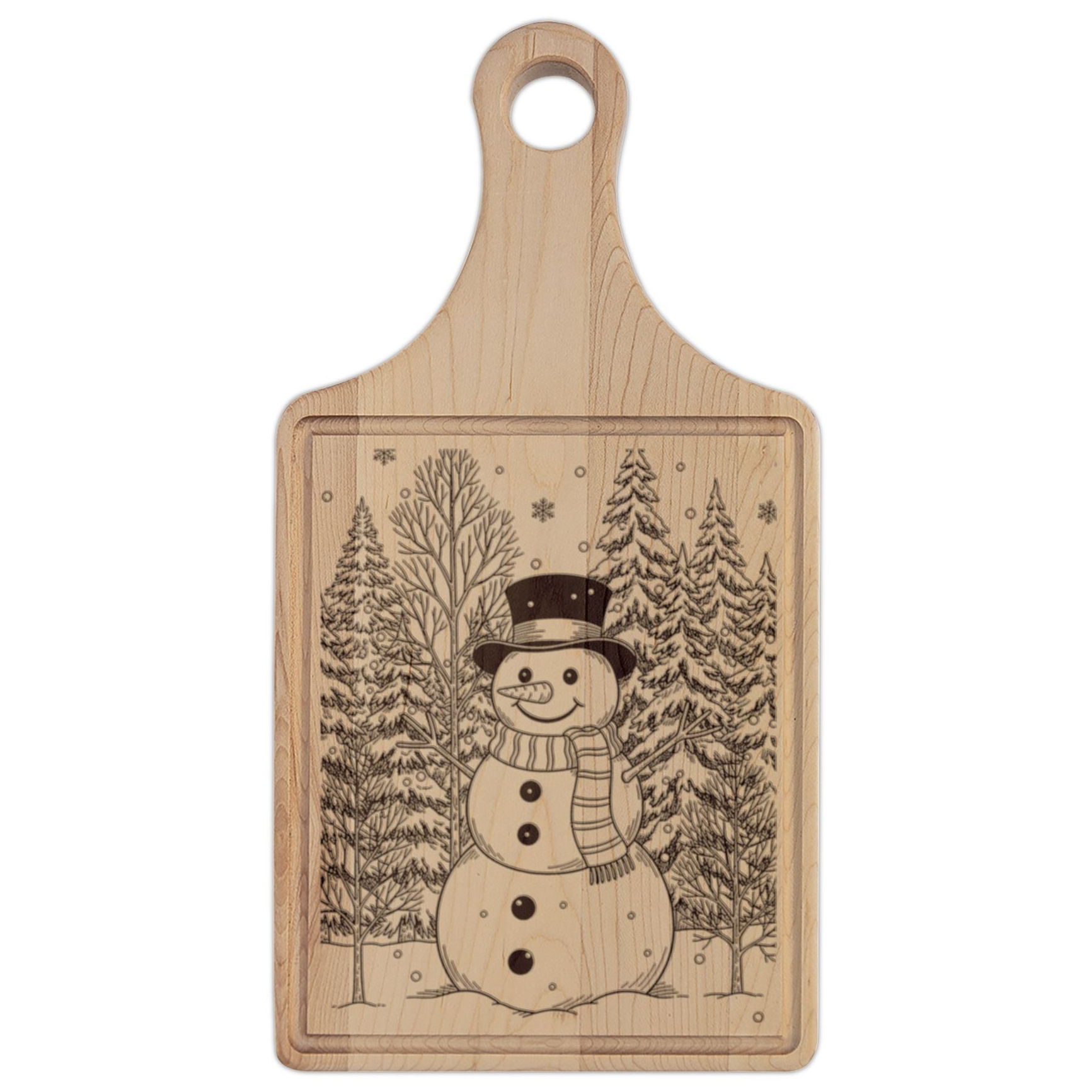 Snowman Happy Holidays Engraved Wooden Cutting Board Paddle w Handle