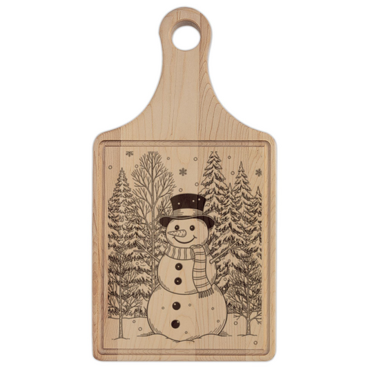 Snowman Happy Holidays Engraved Wooden Cutting Board Paddle w Handle