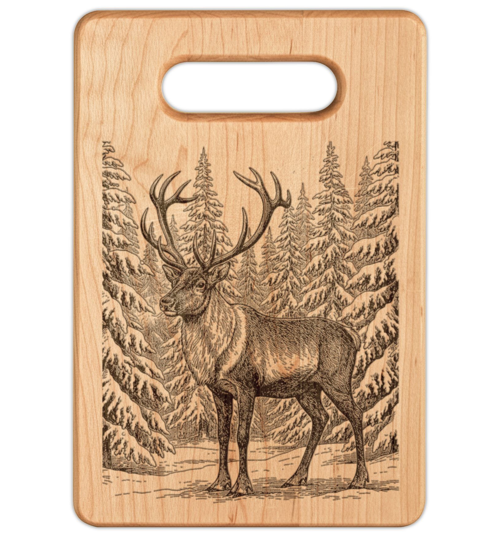 Reindeer in Snow Engraved Wooden Cutting Board Rectangle Handle