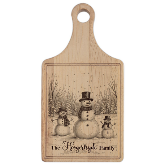 Snowman Trio in Forest Personalized Engraved Wooden Cutting Board Paddle w Handle