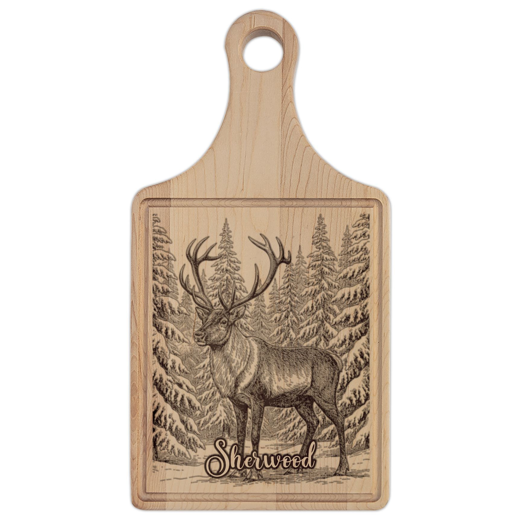 Reindeer in Snow Personalized Engraved Wooden Cutting Board Paddle w Handle