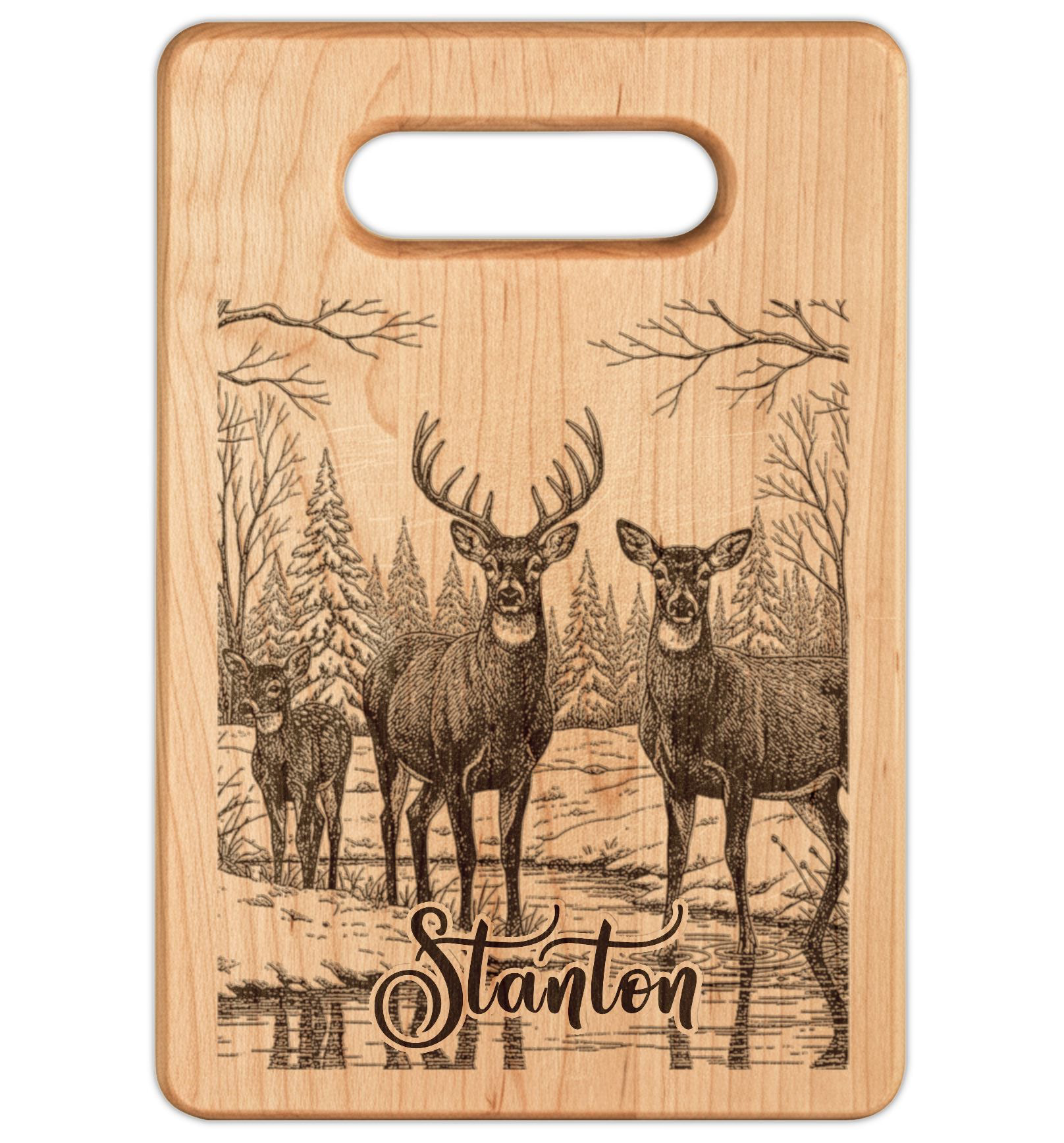 Deer Family in Snow Personalized Engraved Wooden Cutting Board Rectangle Handle