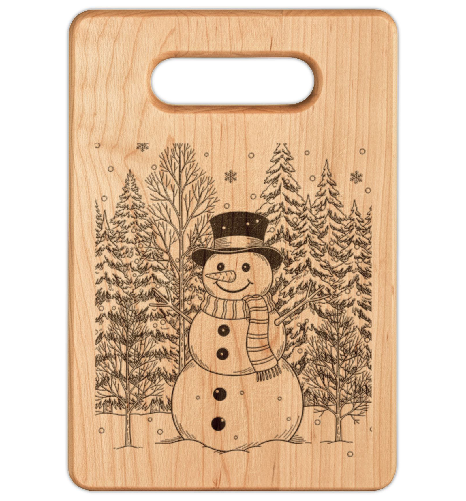 Snowman Happy Holidays Engraved Wooden Cutting Board Rectangle Handle