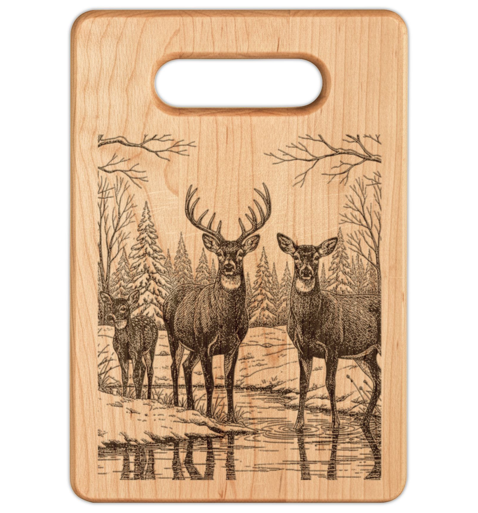 Deer Family in Snow Engraved Wooden Cutting Board Rectangle Handle