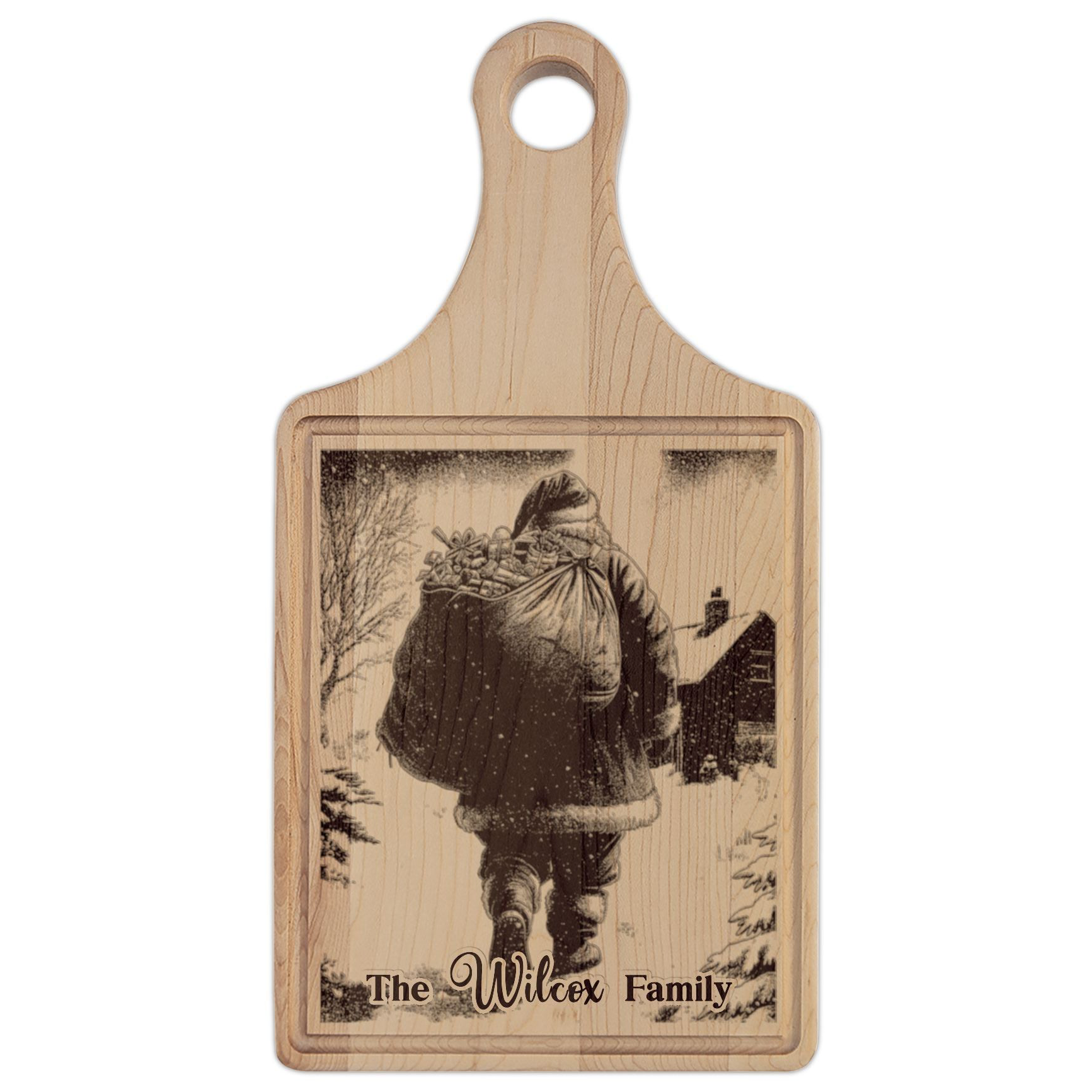 Santa Walking with Gift Sack Personalized Engraved Wooden Cutting Board Paddle w Handle